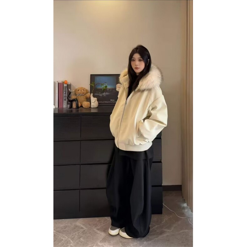 可拆毛领皮衣棉服男女款冬季加棉棒球服外套美式高级感棉衣夹克,男装夹克,星座506A