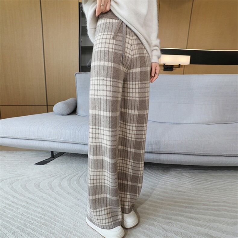 时尚高腰显瘦格子羊毛阔腿裤女休闲百搭气质长裤，女装休闲裤，鹏源羊绒