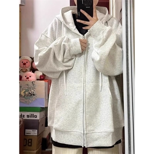 纯色外套女2025新款春秋冬韩系宽松慵懒休闲开衫上衣连帽加绒卫衣图片