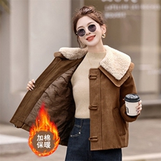 秋冬宽松超好看鹿皮绒棉服时尚减龄羊羔毛翻领夹棉加厚外套女，女装棉衣/棉服，韩蔻秀