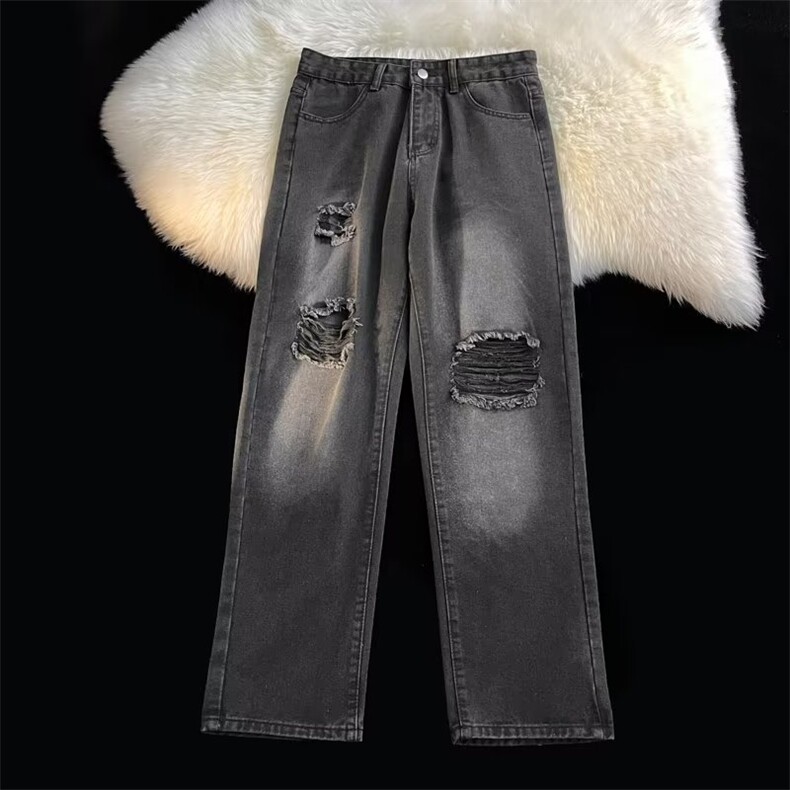 破洞牛仔裤男夏季直筒美式高街潮牌洗水宽松阔腿长裤N0026-P40，男装牛仔裤，星座308B-2