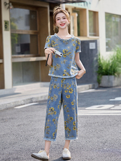 小个子印花牛仔套装女2025夏季新款高腰坠感直筒裤九分裤两件套潮，女装套装/套裙，魅影
