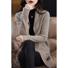 100%纯羊毛开衫女25秋冬新款宽松中长款翻领羊绒针织外套带兜上衣，女装羊毛衫，绒汀羊绒