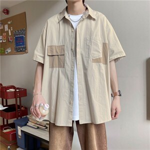 日系cityboy卡其杏色拼接工装衬衫短袖宽松衬衣设计感W3171-P30图片