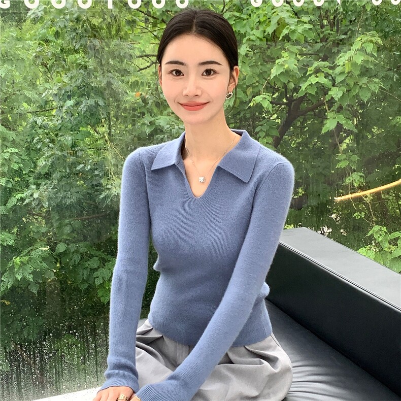 2025秋冬百搭时尚简约v领polo针织衫长袖针织衫图片