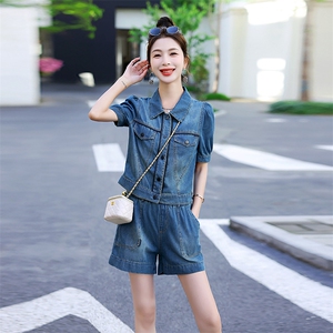 欧货减龄小个子薄款牛仔时尚套装潮2024夏新款女洋气休闲阔腿短裤图片