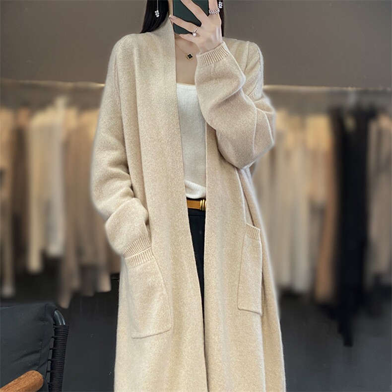 长袖口袋宽松垂感中长款针织开衫女羊毛毛衣外套",女装羊毛衫,宋氏羊绒