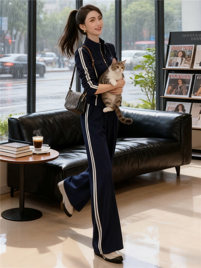欧货时尚休闲运动套装修身显瘦女秋季新款立领拉链卫衣长裤两件套,女装套装/套裙,江南