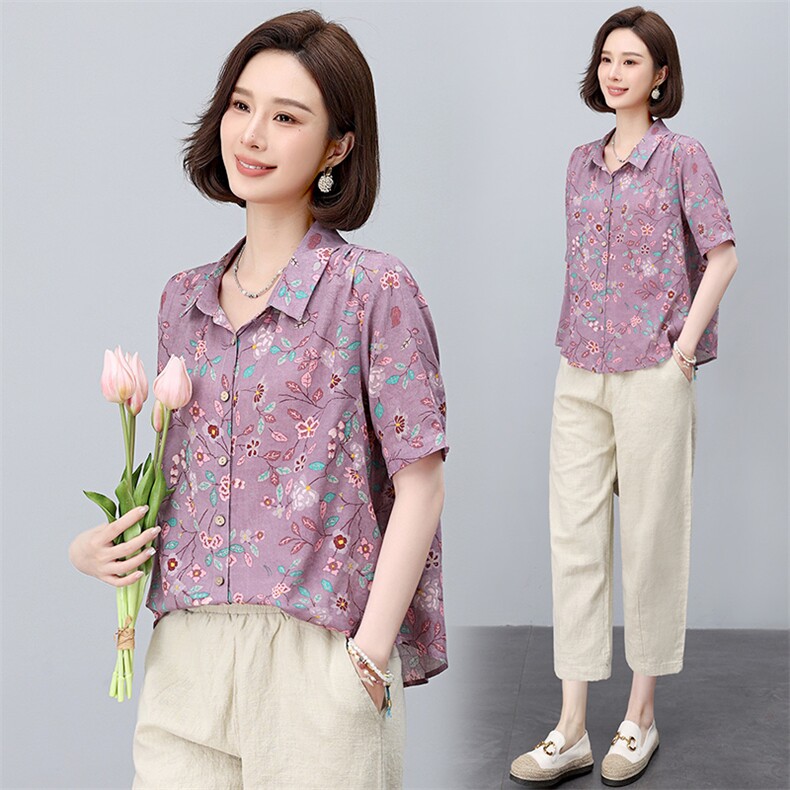 棉麻印花短袖薄款衬衫女2025年夏季新款小个子宽松妈妈遮肚子上衣,女装衬衫,依恋蒂丝