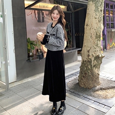 新款现货主推丝绒吊带裙+小香外套套装9883-P165-K228，女装连衣裙，2C129