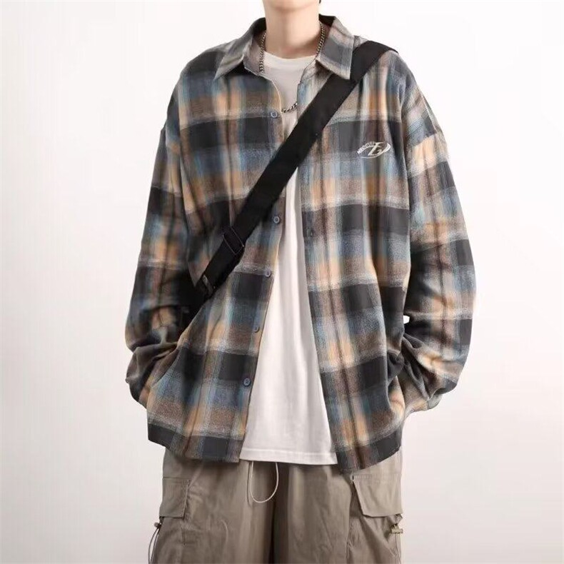 网图 复古格子衬衫男春秋季长袖衬衣外套1001-1-GY143-P45图片