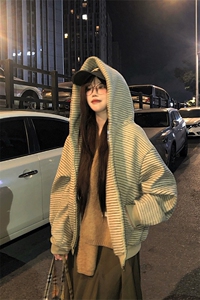 [网图]加绒开衫连帽卫衣美式复古条纹短款外套5D1202-TP65118图片