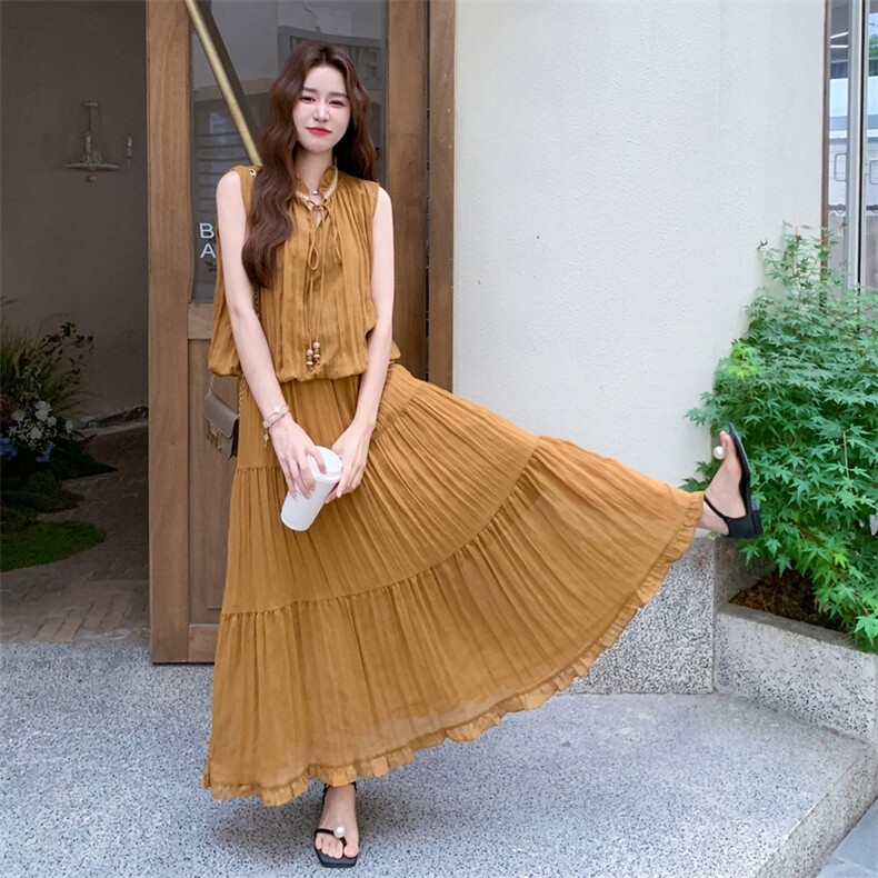黄色无袖上衣半身裙套装女夏2025新款法式减龄气质长裙两件套爆款，女装套装/套裙，秋水欣儿