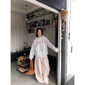 美式白色碎花工装裤女秋2025新款休闲小个子阔腿运动裤K6651-P45图片