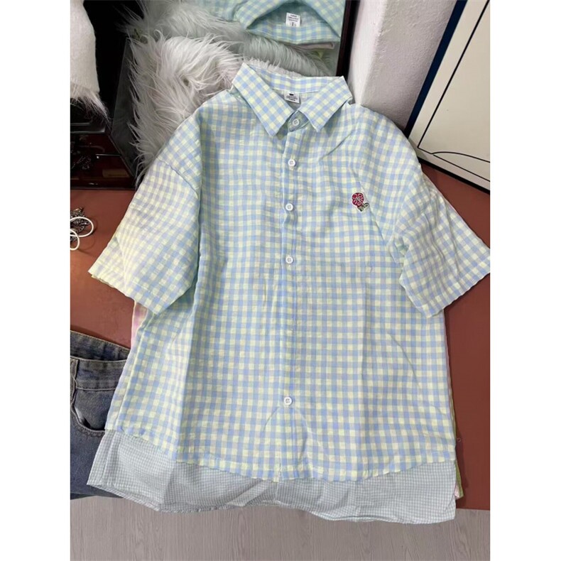 TC546-P45韩系chic别致假两件拼接格子衬衫男女夏季甜美减龄短袖图片