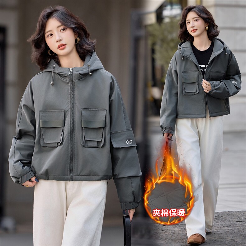 2025年冬季新款时尚短款棉服休闲工装派克服棉衣,女装棉衣/棉服,依路服饰