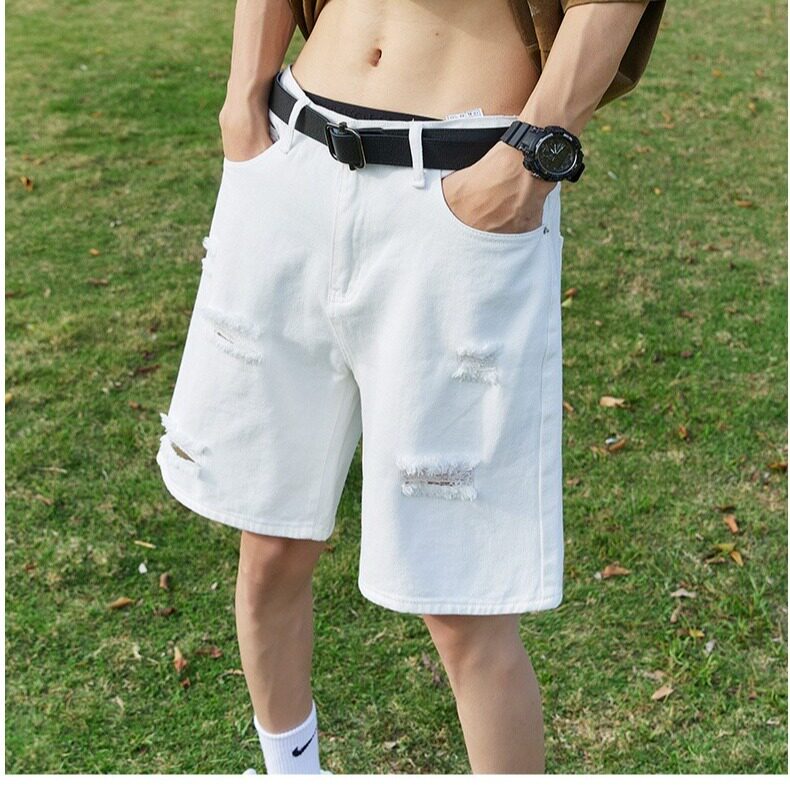 休闲裤纯色宽松型白色破洞牛仔短裤男款夏季薄款潮水洗EA02-P35，男装牛仔裤，星座208-5