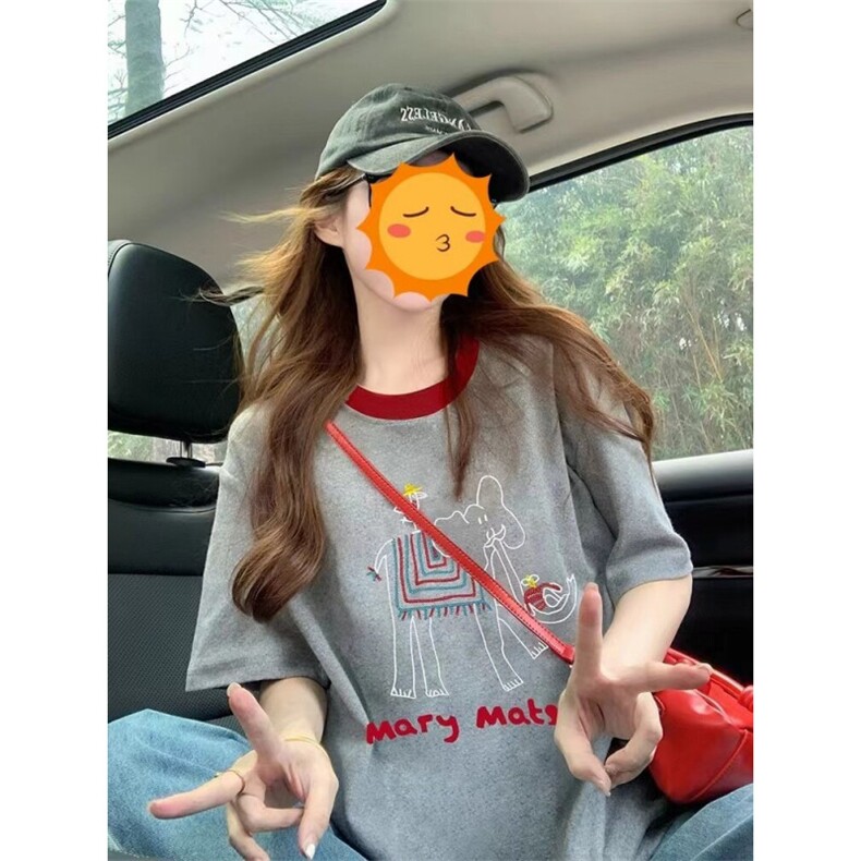 H0651-P35韩系灰色大象短袖t恤女夏季撞色减龄宽松上衣图片