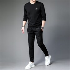 2023春秋季新款男装圆领长袖t恤男上衣套装中青年印花休闲两件套，男装休闲套装，电商B212（原钱塘6029）