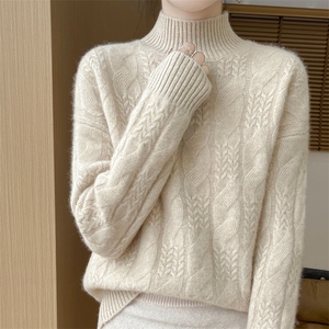 25新款半高领扭花100%纯羊毛衫女加厚针织毛衣长袖宽松羊绒打底衫图片