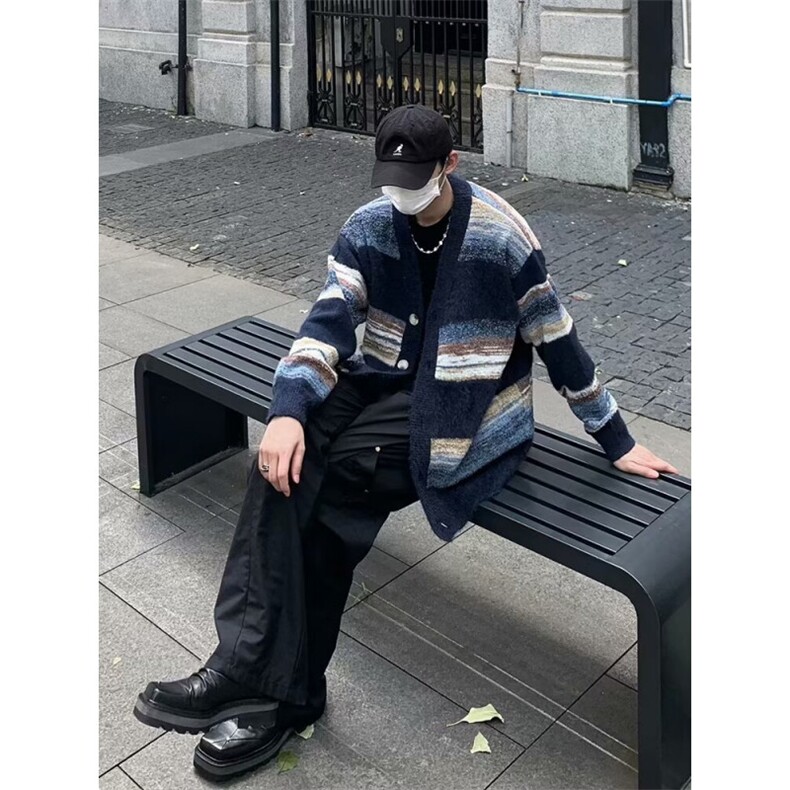 网图美式复古条纹毛衣开衫外套男高级感慵懒风针织衫MY3153-特P60,男装针织衫/毛衣,星座1007（原301D）