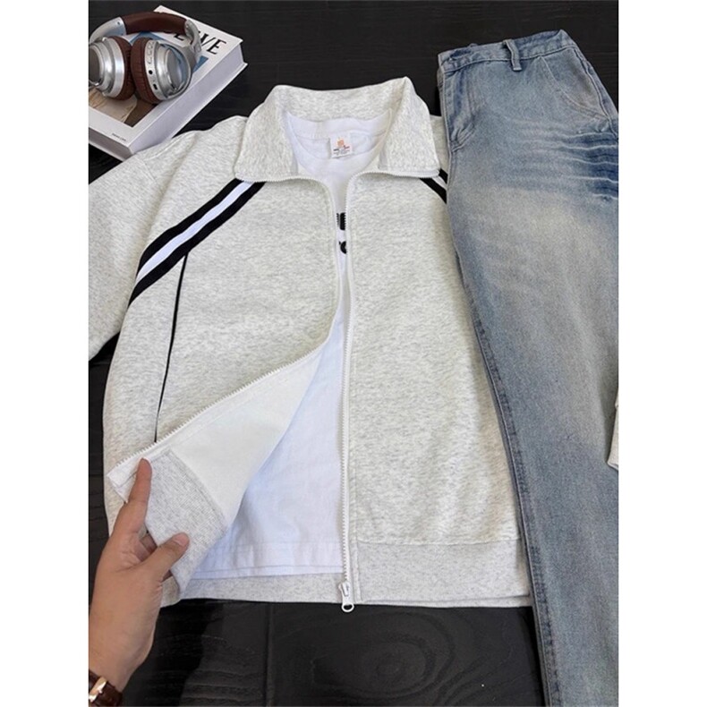 学院风条纹拼接开衫卫衣外套男款秋季美式潮牌翻领棒球服WHT24,女装短外套,星座208-5
