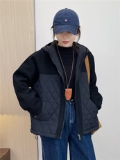 2025冬装新款修身保暖时尚菱形格个性拼接女士棉服外套，女装棉衣/棉服，江忆布依
