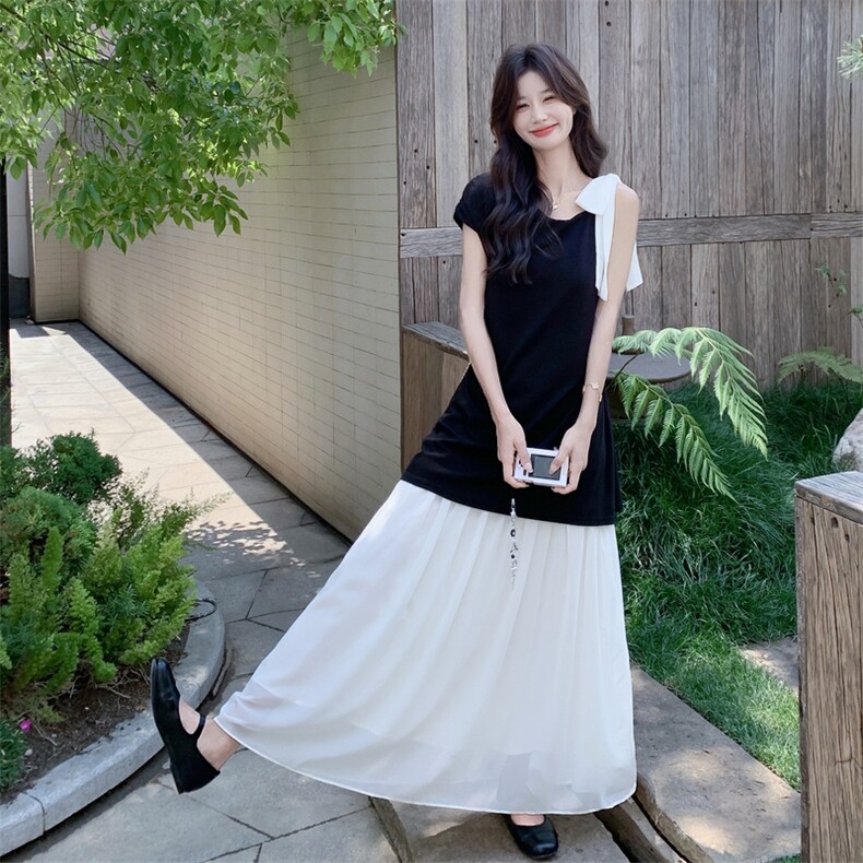 法式气质单肩蝴蝶结连衣裙女2025年夏季新款收腰字裙撞色拼接长裙，女装连衣裙，2C131