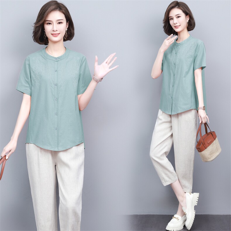 新款2024亚麻棉两件套刺绣T恤衬衫女七分裤中老年妈妈装一整套装,女装套装/套裙,璐依舞