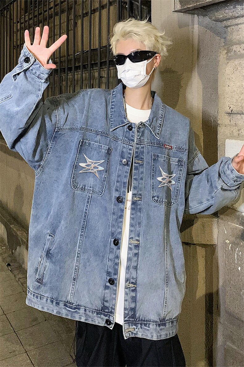 男装牛仔外套2026秋季几何图案印花男生翻领夹克XZ514-2-N105-P88,男装工装外套,星座514-2(原B239)