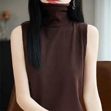 新款2025年春季新款纯色翻领针织无袖背心时尚百搭，女装针织衫/毛衣，皓宇羊绒
