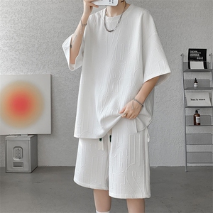 套装男夏季新款港风宽松大码字母设计短袖五分裤一套TZ8352-P45