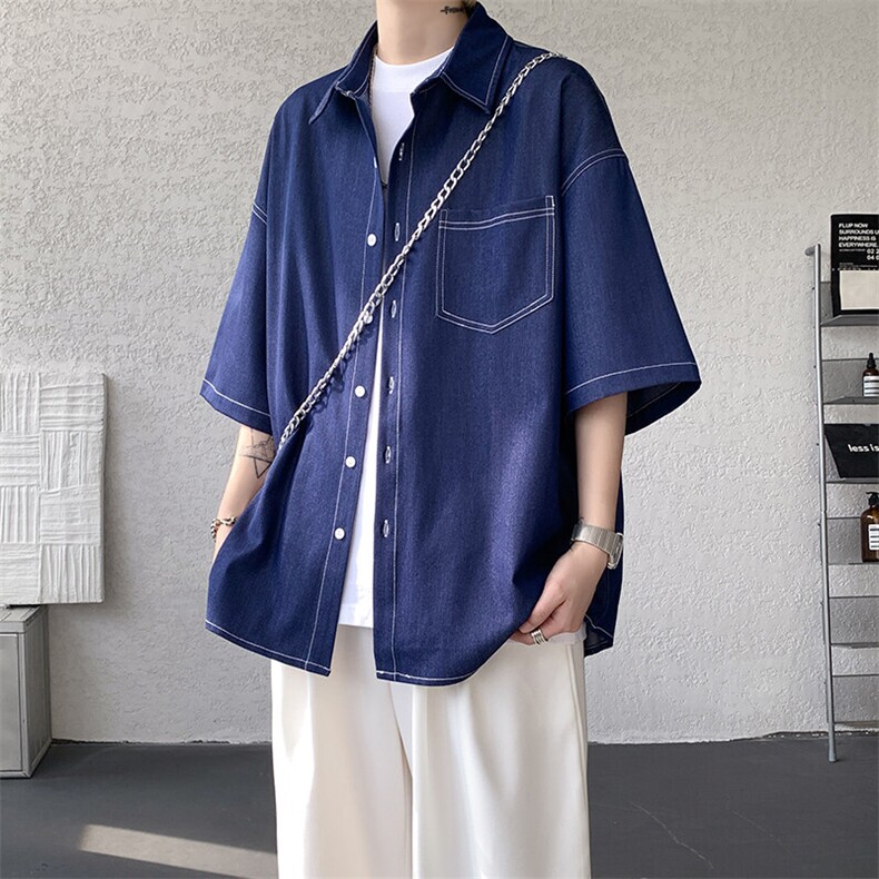 8XL-M冰丝牛仔短袖衬衫男款夏季薄款宽松慵懒衬衣外套DC28006P60,男装T恤,电商B312