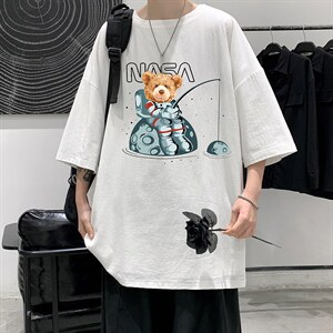 YT26251-P30 NASA亚短袖t恤男大码五分袖男宽松七分袖 港风模特图片