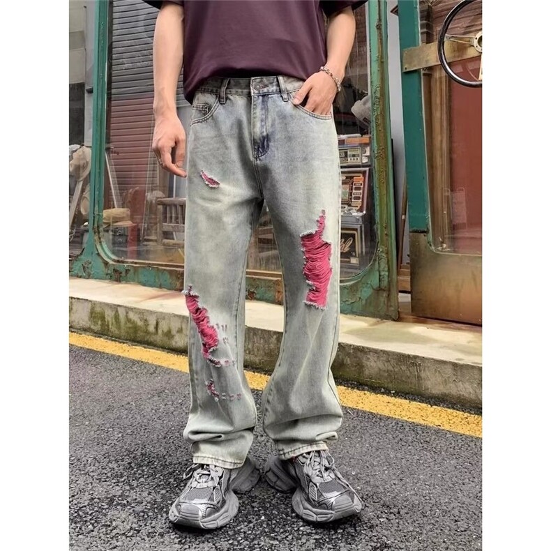 139-P45美式高街复古做旧破洞阔腿牛仔裤男士宽松直筒垂感痞帅,男装牛仔裤,电商B323A