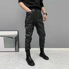 2025秋季新款男士小脚休闲皮裤九分裤修身弹力纯色束脚哈伦裤，男装皮裤，星座410-7