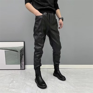 2025秋季新款男士小脚休闲皮裤九分裤修身弹力纯色束脚哈伦裤图片