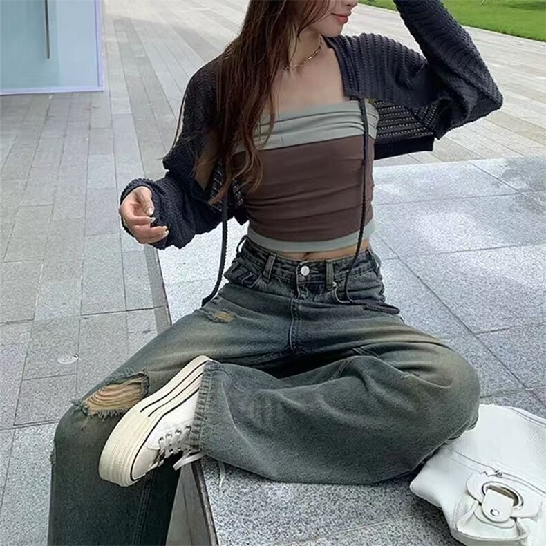 新中式复古破洞直筒牛仔裤女春秋季新款小个子高腰阔腿乞丐裤子潮,男装牛仔裤,星座1210-1