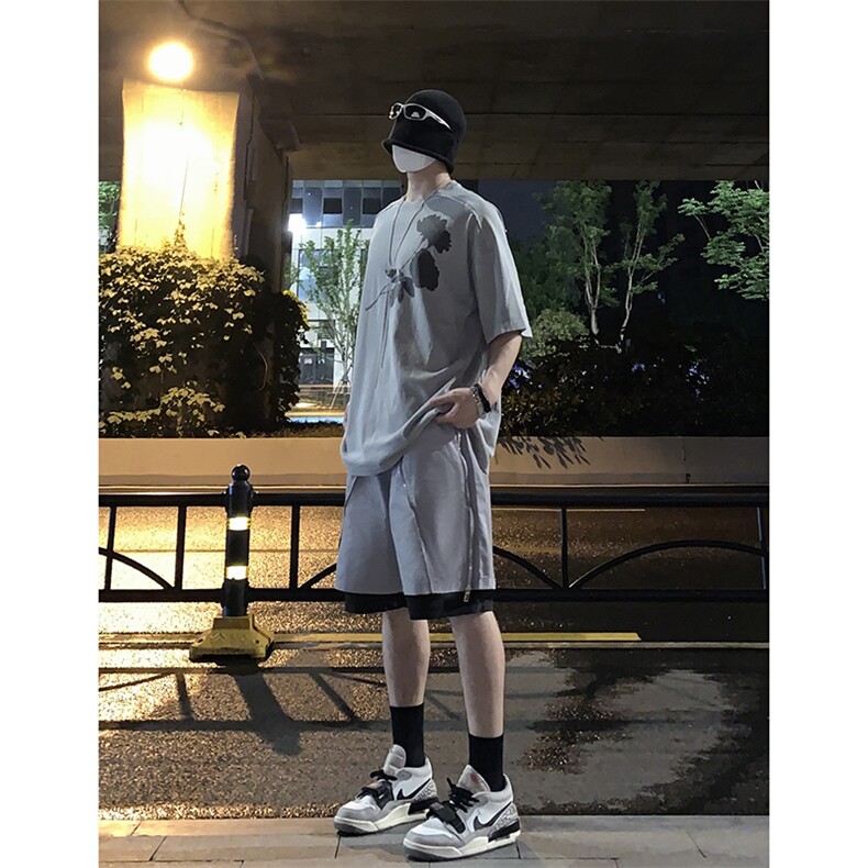 B221美式ins高街暗黑小众假两件休闲短裤五分裤LK23062-P55控78,男装休闲裤,电商B221
