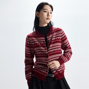 2025年秋季长袖时尚百搭通勤休闲圆领系扣提花开衫,女装羊绒衫,致织羊绒