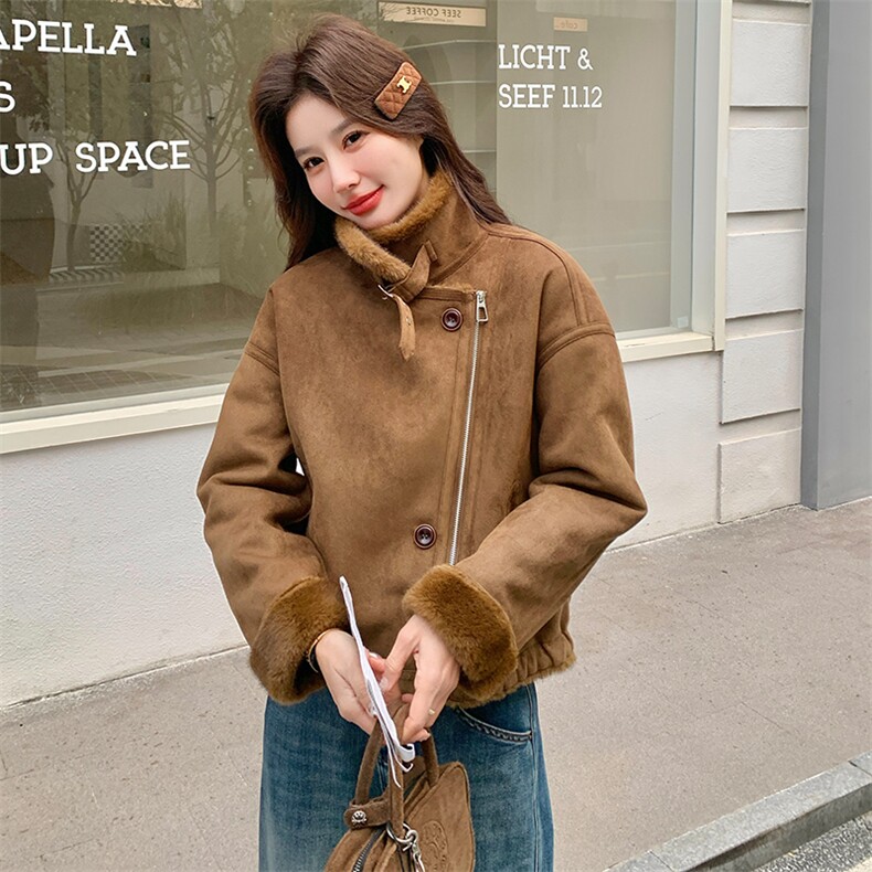 新款颗粒绒皮草外套女短款加厚麂皮绒保暖夹克羊羔毛大衣冬季，女装皮草，纯色衣恋