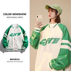 棒球服皮袖拼接字母毛巾绣落肩夹克情侣装单排扣休闲宽松外套，男装夹克，电商A409-1