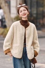 轻熟风气质拼色圆领羊羔毛外套女2025秋冬季百搭显瘦皮毛一体棉服，女装毛呢外套，蓝诺裳