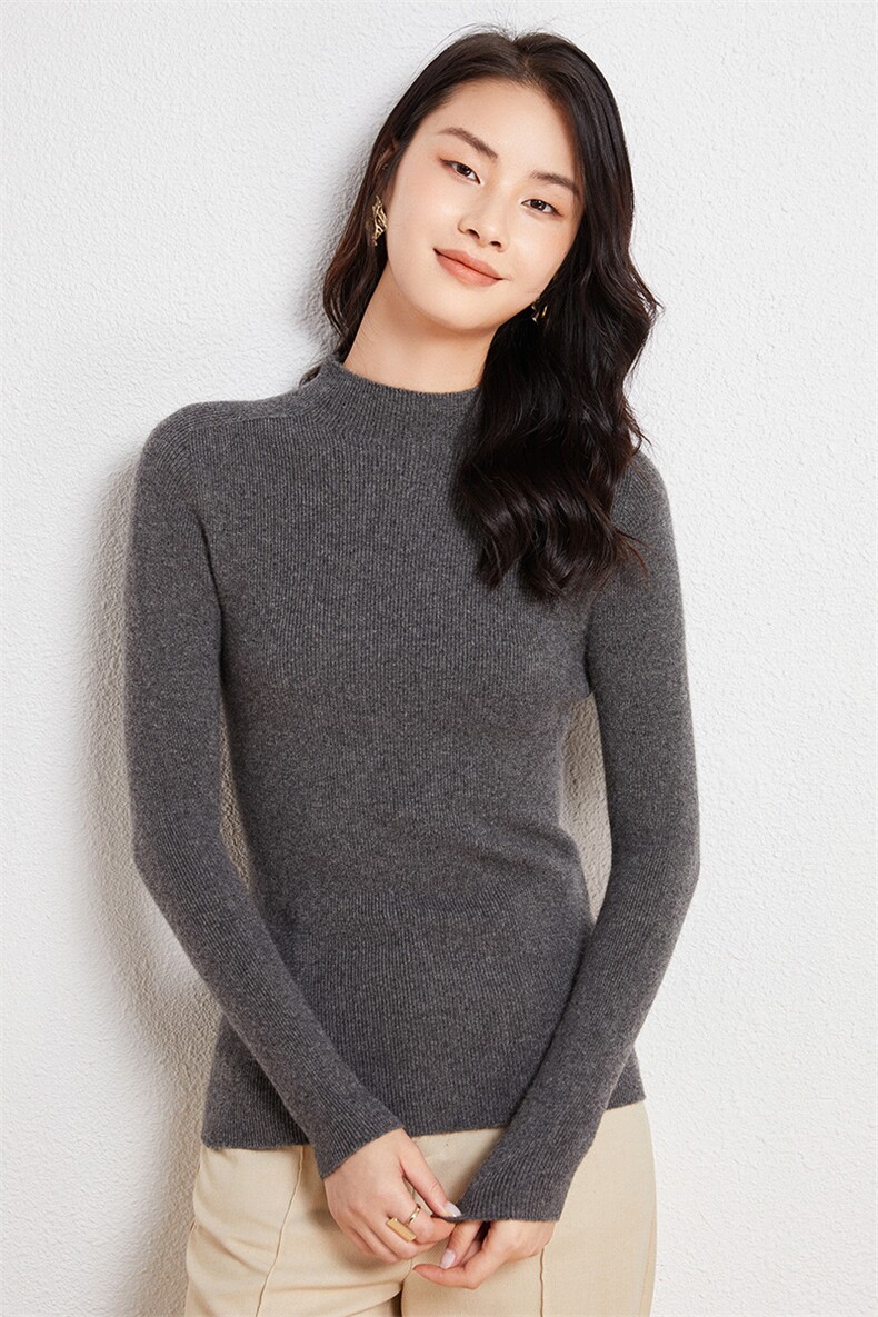 时尚半高领羊绒衫优雅修身显瘦舒适保暖绿色长袖针织衫,女装羊绒衫,兰皓羊绒