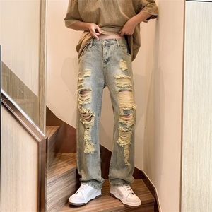 黄泥染破洞牛仔裤男直筒宽松欧美vibe裤子高街美式复古做旧乞丐裤图片