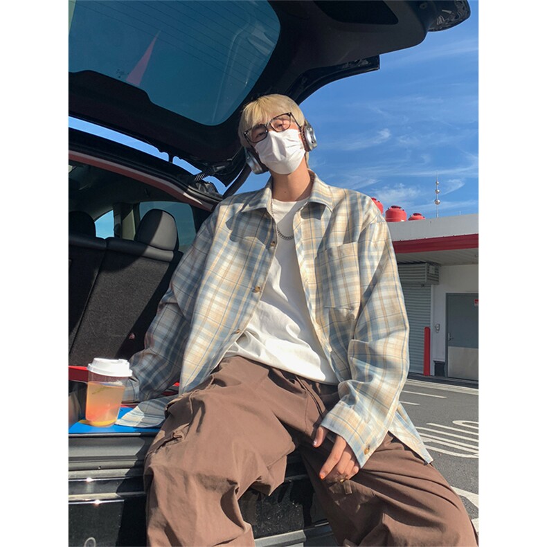 美式港风复古格纹长袖衬衫大码休闲衬衣外套C2256-特价34,男装衬衫,电商A007