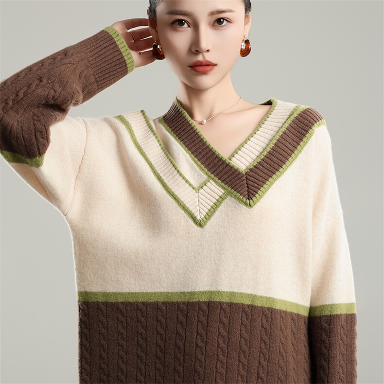 时尚女士双V领宽松羊毛衫百搭显瘦休闲针织毛衣,女装羊毛衫,奢优羊绒