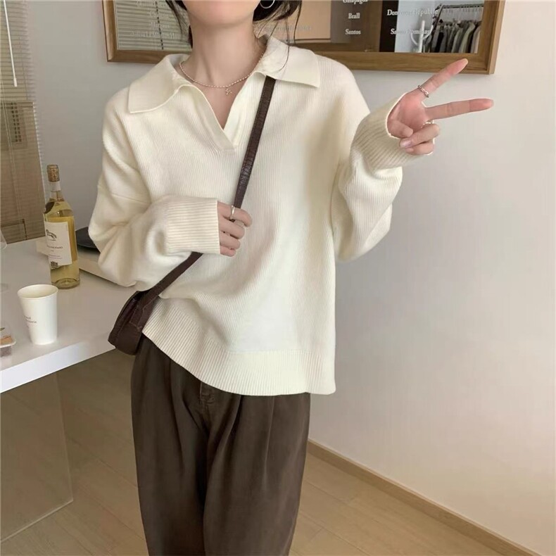 2025年秋季宽松型通勤常规单件套头长袖polo领半开毛衣，女装针织衫/毛衣，鑫之绒