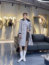 现货秋装新款拼皮风衣，女装风衣，艾涵o