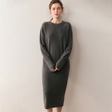 时尚气质宽松长款山羊绒衫2025秋冬新款女百搭圆领打底针织毛衣裙，女装连衣裙，朵沐纯羊绒